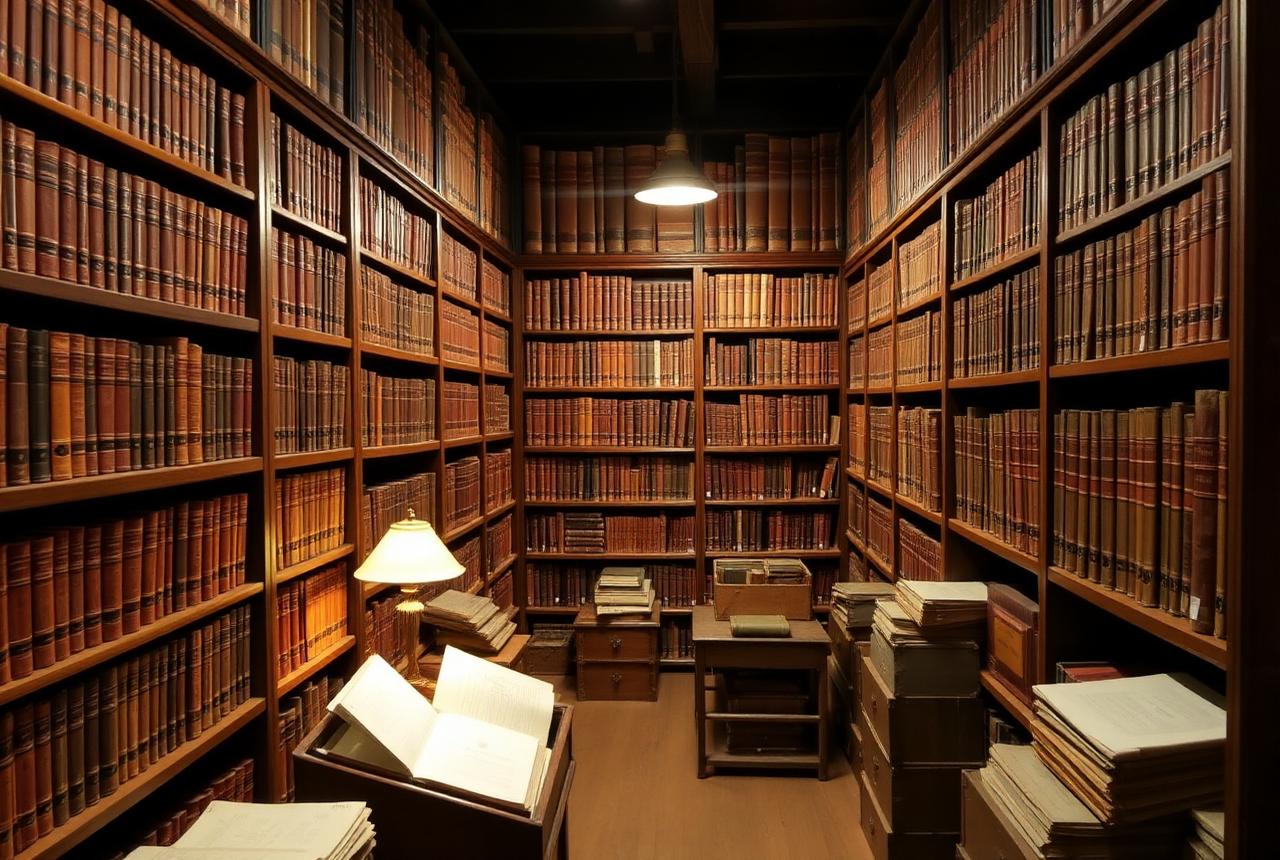 Sala del archivo con estanterías de madera llenas de libros y legajos